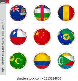Flag collection, round grunge flag with splashes. 9 vector flags: Cayman Islands, Central African Republic, Chad, Chile, China, Christmas Island, Cocos Islands, Colombia, Comoros
