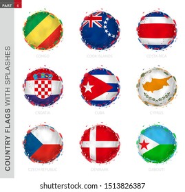 Flag collection, round grunge flag with splashes. 9 vector flags: Congo, Cook Islands, Costa Rica, Croatia, Cuba, Cyprus, Czech Republic, Denmark, Djibouti