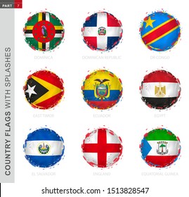 Flag collection, round grunge flag with splashes. 9 vector flags: Dominica, Dominican Republic, DR Congo, East Timor, Ecuador, Egypt, El Salvador, England, Equatorial Guinea