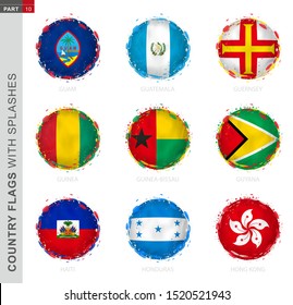 Flag collection, round grunge flag with splashes. 9 vector flags: Guam, Guatemala, Guernsey, Guinea, Guinea-Bissau, Guyana, Haiti, Honduras, Hong Kong