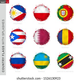 Flag collection, round grunge flag with splashes. 9 vector flags: Philippines, Poland, Portugal, Puerto Rico, Qatar, Romania, Russia, Rwanda, Saint Kitts and Nevis