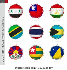 Flag collection, round grunge flag with splashes. 9 vector flags: Syria, Taiwan, Tajikistan, Tanzania, Thailand, The Bahamas, Tibet, Togo, Tokelau