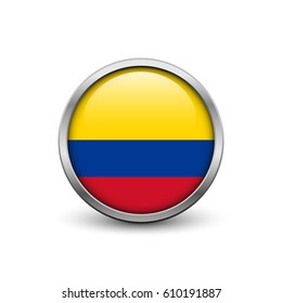 Flag of Colombia, button with metal frame and shadow