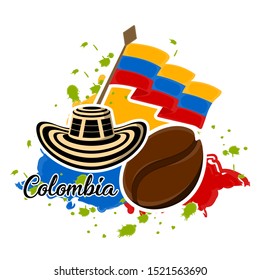 Flagge von Kolumbien, Kaffeebohnen und sombrero vueltiao. Repräsentatives Bild von Kolombia - Vektorgrafik