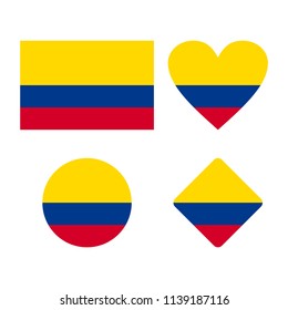Flag of Colombia. Colombian flag. Set of Colombian flags of different shapes: rectangle, rhombus, circle, heart.