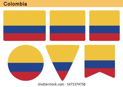 Flag of Colombia. Flag icon set of six different shapes. Vector Illustration.
