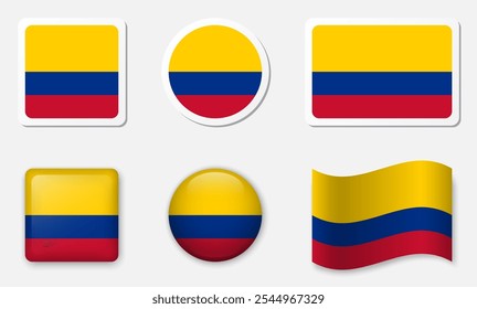 Flag of Colombia icons collection. Flat stickers and 3d realistic glass vector elements on white background with shadow.