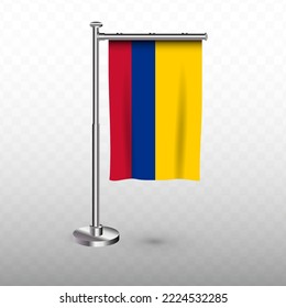 Flagge Kolumbiens. Vektorgrafik einer vertikalen Hängeflagge mit Fahnenstange auf transparentem Hintergrund (PNG).