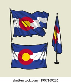 Bandera de Colorado en el viento y en la pared conjunto de ilustraciones dibujadas a mano