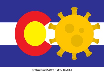 Flagge des Colorado-Staates mit Ausbruch-Viren Hintergrund der US-Staatsflagge. Novel Coronavirus Disease COVID-19. Koronavirus-Infektion und die Epidemie in Amerika. USA Lockdown.