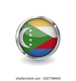 Flag of comoros, button with metal frame and shadow. comoros flag vector icon, badge with glossy effect and metallic border. Realistic vector illustration on white background.