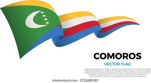 Bandeira das Comores. Cultura das Comores e da África do Sul. Coloque em um plano de fundo branco limpo com o nome do país e o espaço de cópia. Um sinalizador de vetor brilhante renderizado em três camadas que cria um efeito de ondulação dinâmico com sombras e gradientes realistas. As curvas elegantes e sombreamento realista criam uma sensação de movimento, tornando-o ideal para temas oficiais, projetos internacionais, materiais de viagem e apresentações culturais