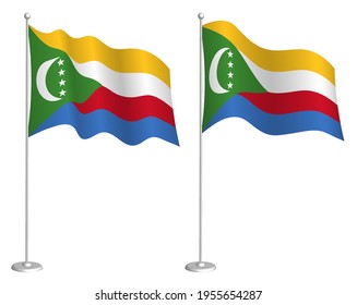 flag of Comoros islands on flagpole waving in wind. Holiday design element. Checkpoint for map symbols. Isolated vector on white background