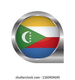 Flag of Comoros, location map pin, pointer flag, button with the reflection of light and shadow, silver frame, Icon country. Realistic vector illustration on white background.