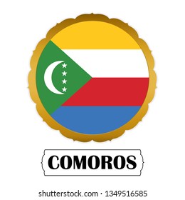 Flag of Comoros with name icon, Golden sticker with flag of the Comoros.vector