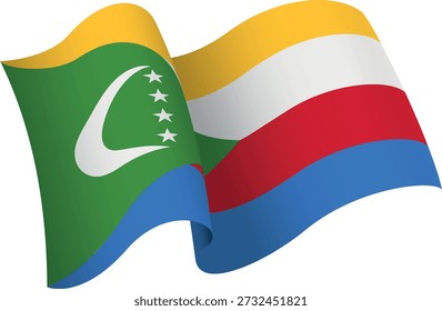 Bandeira das Comores. Bandeira estilo fita que transmite uma sensação de movimento e efeito de ondulação. As curvas elegantes e sombreamento realista criam uma sensação de movimento. Ideal para projetos internacionais, materiais de viagem e apresentações culturais.