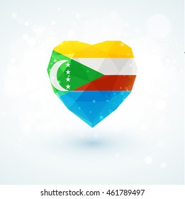 Flag of Comoros in shape of diamond glass heart in triangulation style for info graphics, greeting card, celebration of Independence Day, printed materials 