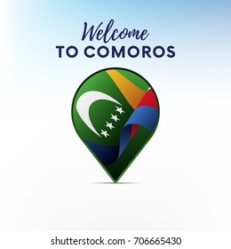 Flag of Comoros in shape of map pointer or marker. Welcome to Comoros. Vector illustration.