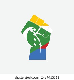 Flag of Comoros in the shape of raised hand sign isolated on background. Fist symbol modern, simple, vector, icon for website design, mobile app, ui. Vector Illustration