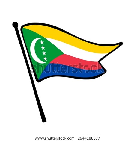 Flag of Comoros. Comoros flag vector illustration icon design in the hand-drawn style. Fluttering flagpole flag.