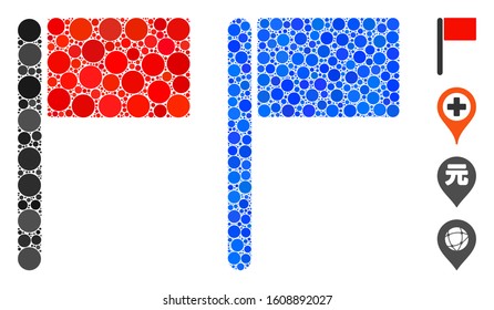 Flag composition of circle elements in variable sizes and color tinges, based on flag icon. Vector round elements are grouped into blue composition. Dotted flag icon in usual and blue versions.