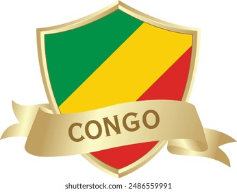 Flag of congo as around the metal gold shield with congo flag