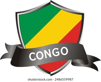 Flag of congo as around the metal silver shield with congo flag