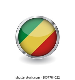 Flag of congo, button with metal frame and shadow. congo flag vector icon, badge with glossy effect and metallic border. Realistic vector illustration on white background.