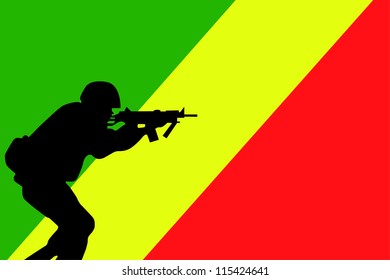 The flag of Congo and the silhouette of a soldier aiming their weapon