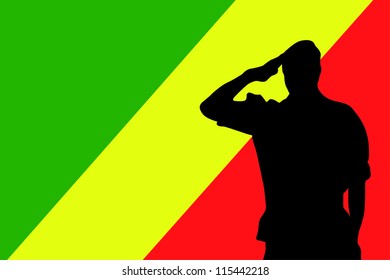The flag of Congo and the silhouette of a soldier saluting