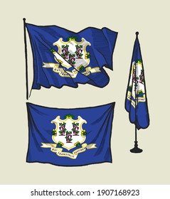 Flag of Connecticut on the wind and on the wall illustration set