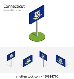 Flag of Connecticut (State of Connecticut, USA), vector set of isometric flat icons, 3D style, different views. Editable design element for banner, website, presentation, infographic, map. Eps 10