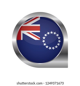 Flag of Cook Island, location map pin, pointer flag, button with the reflection of light and shadow, silver frame, Icon country. Realistic vector illustration on white background.
