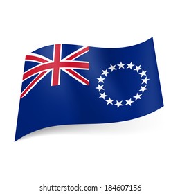 Flag of Cook Islands. National coat-of-arms and British flag on blue background