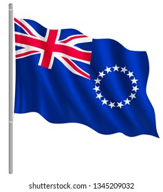 Flag of Cook Islands with flag pole waving in wind. Vector illustration