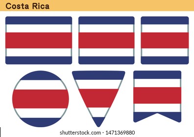 Flag of Costa Rica. Flag icon set of six different shapes. Vector Illustration.
