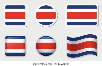 Flag of Costa Rica icons collection. Flat stickers and 3d realistic glass vector elements on white background with shadow.