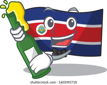 Flag costa rica Scroll with bottle of beer mascot cartoon style