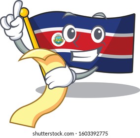 Flag costa rica Scroll cartoon character holding menu ready to serve