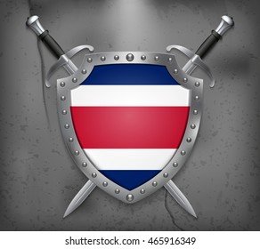 Flag of Costa Rica. The Shield Has Flag Illustration. Two Crossed Swords that are Behind the Shield. Vector Medieval Background