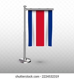 Flag of Costa Rica. Vector illustration of a vertical hanging flag with flagpole on a transparent background (PNG).