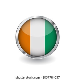 Flag of cote d ivoire, button with metal frame and shadow. cote d ivoire flag vector icon, badge with glossy effect and metallic border. Realistic vector illustration on white background.