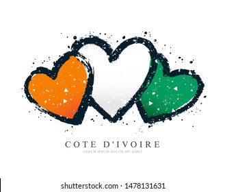 Flag of Cote d'Ivoire in the form of three hearts. Vector illustration on a white background. Brush strokes are drawn by hand. Independence Day.