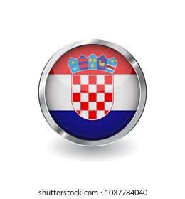 Flag of croatia, button with metal frame and shadow. croatia flag vector icon, badge with glossy effect and metallic border. Realistic vector illustration on white background.