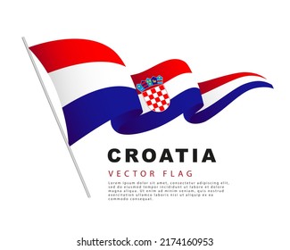 La bandera de Croacia cuelga de un asta de bandera y flautas en el viento. Ilustración vectorial aislada en fondo blanco. Colorido logo de la bandera croata.
