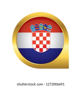 Flag of Croatia, location map pin, pointer flag, button with the reflection of light and shadow, gold frame, Icon country. Realistic vector illustration on white background.