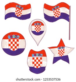 Flag of Croatia Made in Different Variations, as Flag with and without Stick, in a Circle, as Shield, Star and Map Pointer. Flag Shapes with Contours, Decorated with Dotted Stitch and Brush Texture.