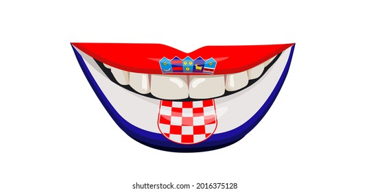 The flag of Croatia on the lips. A woman's smile with white teeth. Vector illustration