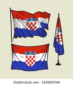Flag of Croatia on the wind and on the wall - vector drawing illustgration set
