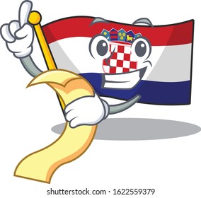 Flag croatia Scroll cartoon character holding menu ready to serve